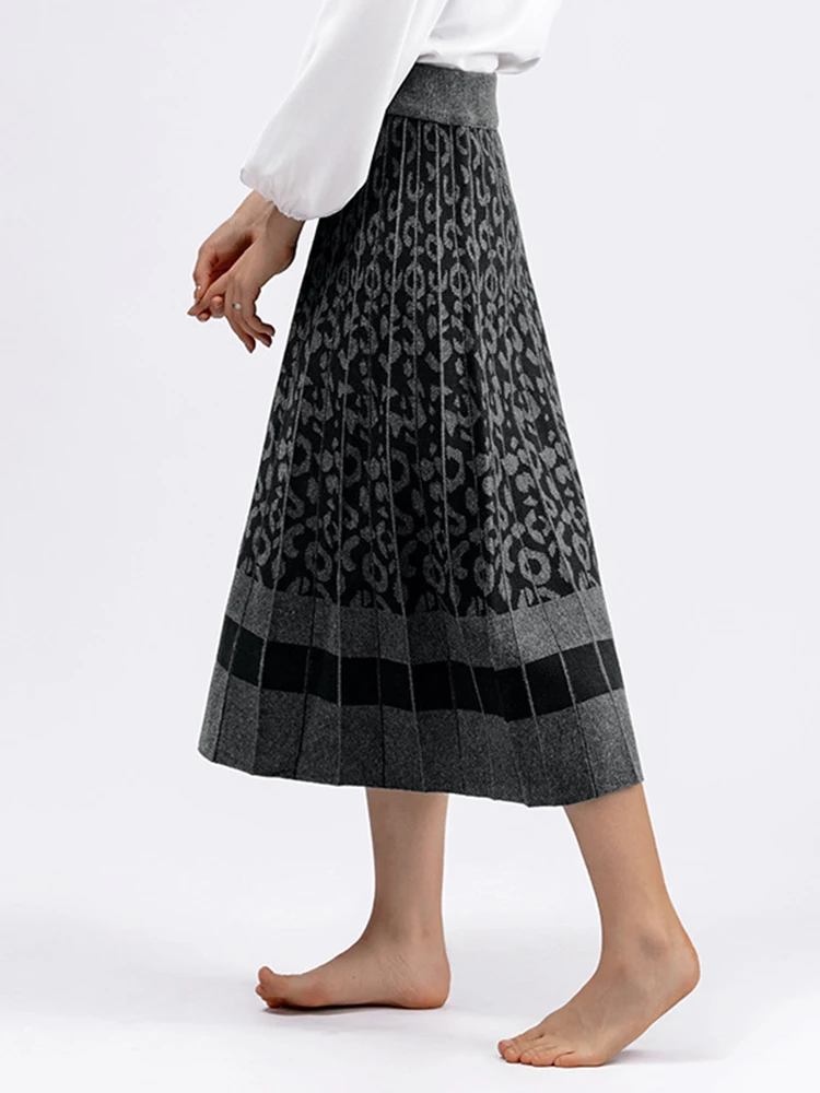 Outono e inverno nova saia midi de malha contrastante com estampa de leopardo retrô para mulheres, estilo médio a longo