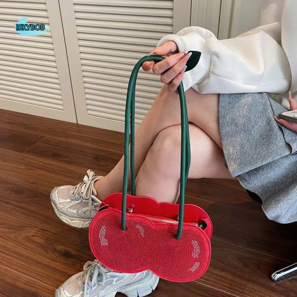 

Sweet Cherry Shape Underarm Bag Large Capacity Creative Red Fruit Handbag Polyester Anti-splash Water PU Rhinestone Bag Girls