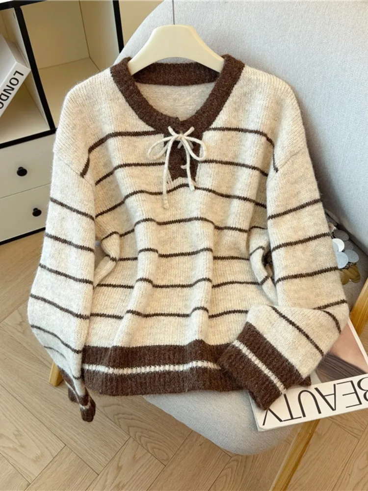 

Женский мягкий уютный вязаный свитер, круглый свободный топ в полоску с принтом тай-дай, осень-зима, новый Sle для поездок на работу