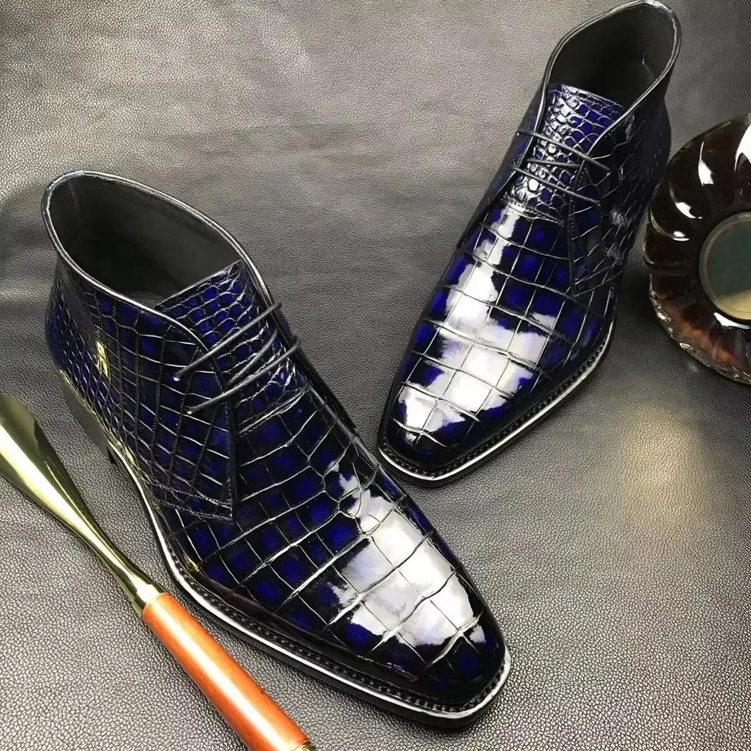 yingshang new arrival  men crocodile boots male shoes blue brush color winter wedding shoes groom