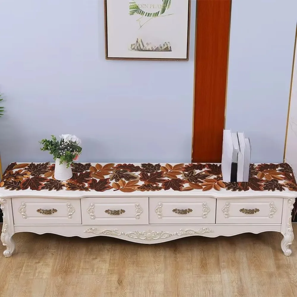 Rustic Style Maple Leaf Embroidered Table Runner Hollow Design Rectangular Maple Leaf Placemat Decorative Brown Tablecloth