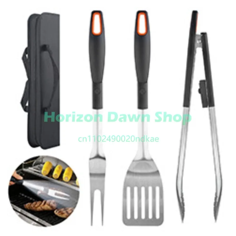 Cross-border BBQ Tools Fork Spatula Clamp 3 Piece Clamp with LED Light Portable Cloth Bag Outdoor BBQ Set