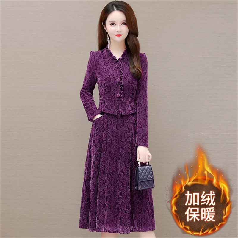 Thickened and Velvet Dress Female 2024 New Spring Autumn And Winter Women\'s Coat Middle aged Mother\'s Long sleeved Dresses Party