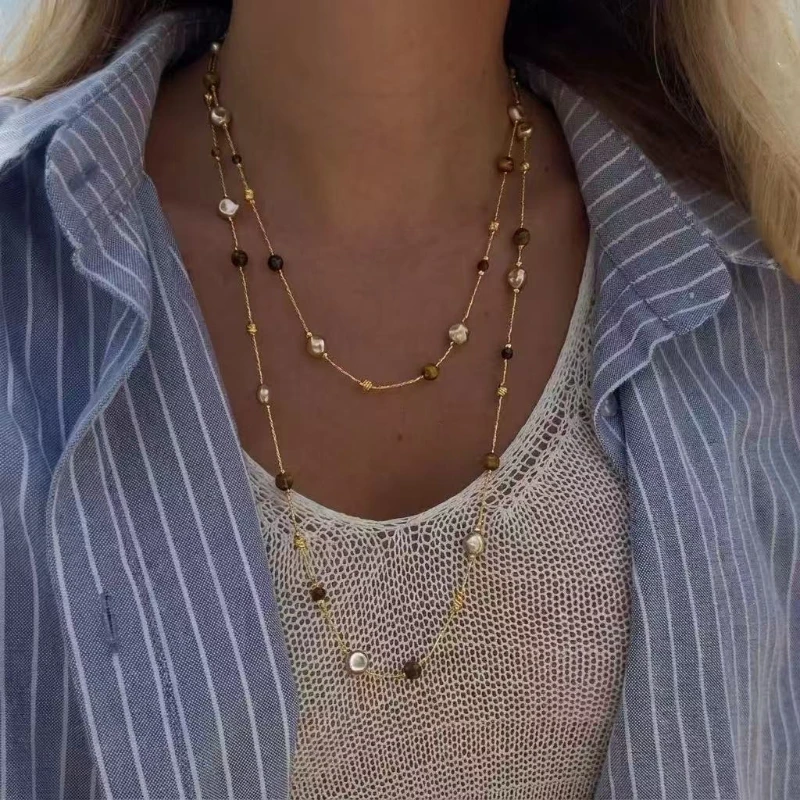 Autumn and Winter Long Tiger Eye Stone Pearl Beads Long Sweater Chain For Women's Popular Necklace 2025 New Jewelry Accessories