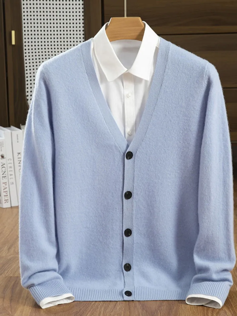 

Мужской вязаный кардиган свободного кроя с V-образным вырезом, повседневная модная верхняя одежда, свитер-куртка, осенняя новинка, большие размеры, комфортная посадка