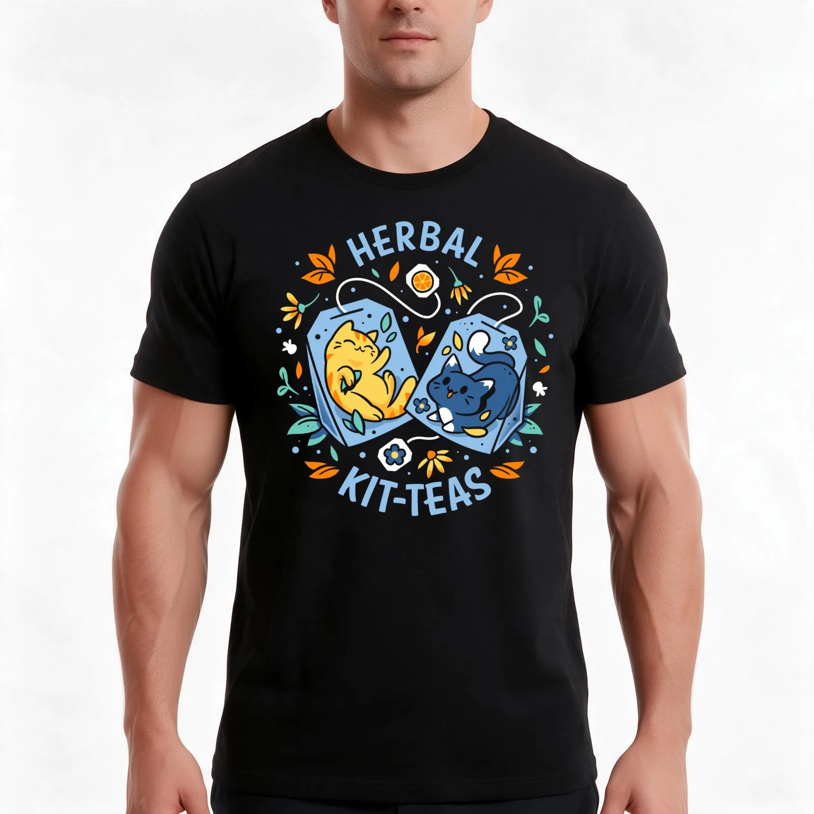 Herbal Kitteas - Happy Cats Tea T-Shirt, Summer Casual Cotton Tee, Oversized Streetwear Tops, Vintage Graphic Print, 100% Cotton