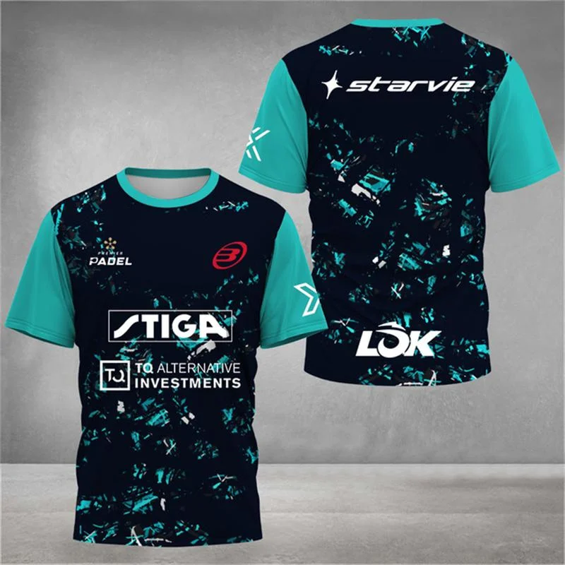 men crew neck short sleeve t‑shirt contrast turquoise sleeve broken fragment graphic print front back sports training casual top
