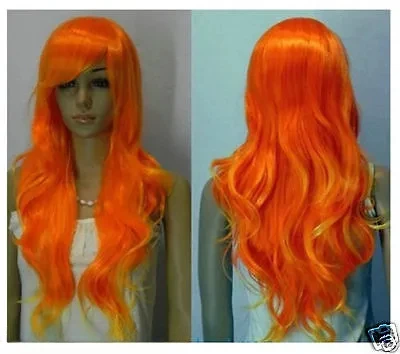 Peluca de Cosplay larga y rizada para mujer, naranja y amarillo mezclado, moda al por mayor