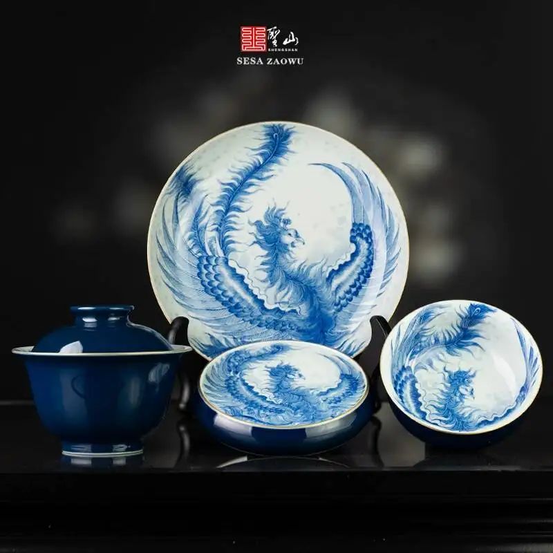 Sacred Mountain Antique Blue And White Fire Phoenix Gaiwan Jingdezhen Handmade Ceramic Set Tea Cup