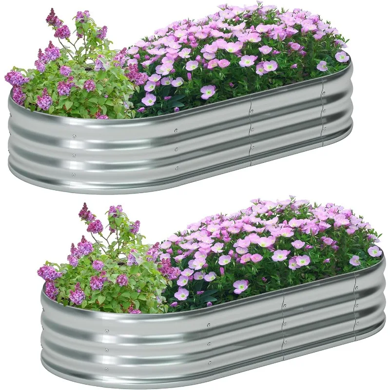 2 Pack Galvanized Raised Garden Bed Metal Oval Raised Garden Beds Outdoor Planter Box for Vegetables (6x3x1FT, Silver)