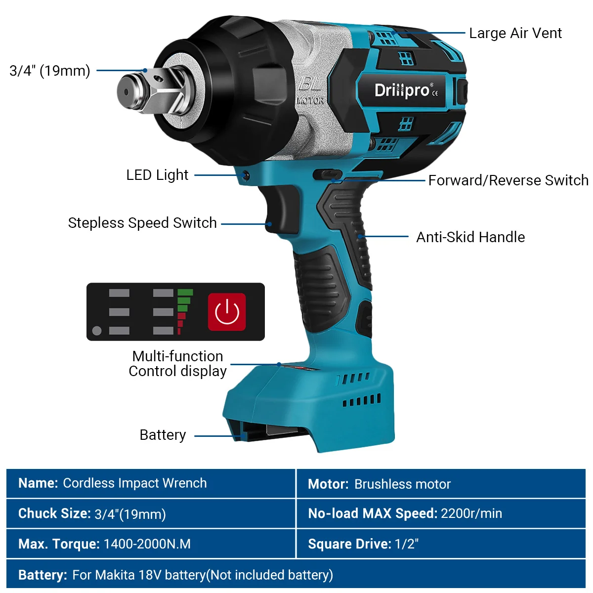 Imagem -02 - Drillpro-chave de Impacto Elétrica Brushless High Torque in in Socket Wrench Ferramenta de Condução sem Fio Makita 18v Battery 2000n.m Chave de Impacto 4