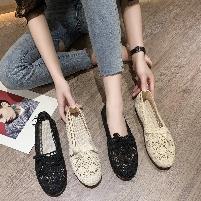 2023 Women Cute Shoes Fisherman Slip on Shoes for Woman Mesh Breathable Flat Soft Bottom Non-slip Bow Tie Zapatos Para Mujeres