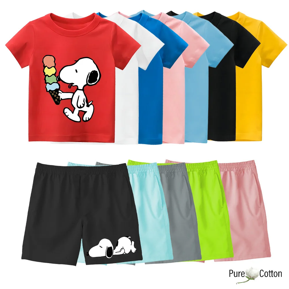 Children\'s Snoopy Fun Patterned Short Sleeve T-shirt set Summer Casual Sports beach shorts + T-shirt tops suit Boys cotton