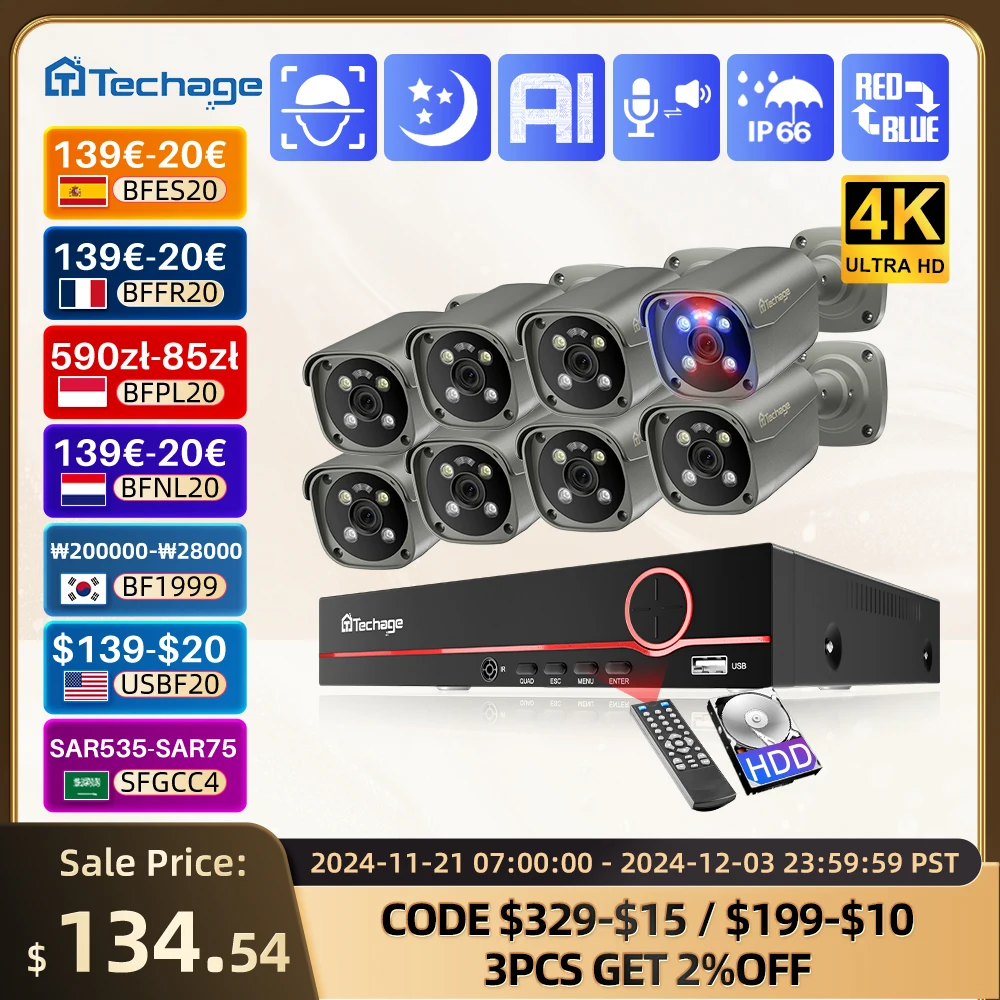 Techage HD 4K 8MP PoE Camera System Video Surveillance 8CH NVR Kit AI Face Detection Email Alert CCTV Two-way Security System