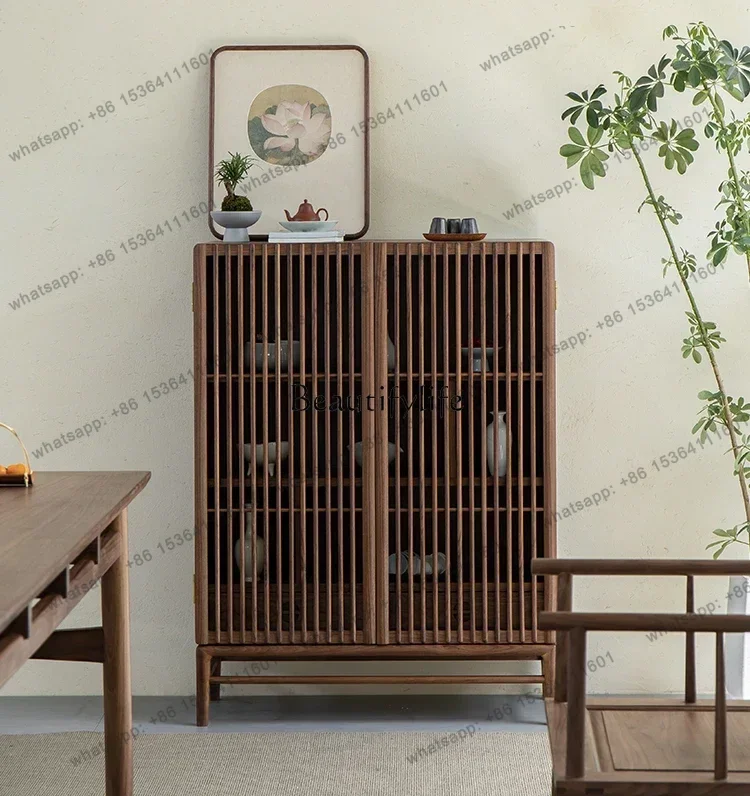 LX New Chinese Side Cabinet, Black Walnut Solid Wood Storage, Living Room Locker