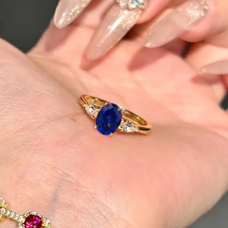 New 100% S925 Silver Simulated Sapphire 6 * 8mm Elliptical Blue Corundum High Fashion Versatile Ring Wedding Jewelry