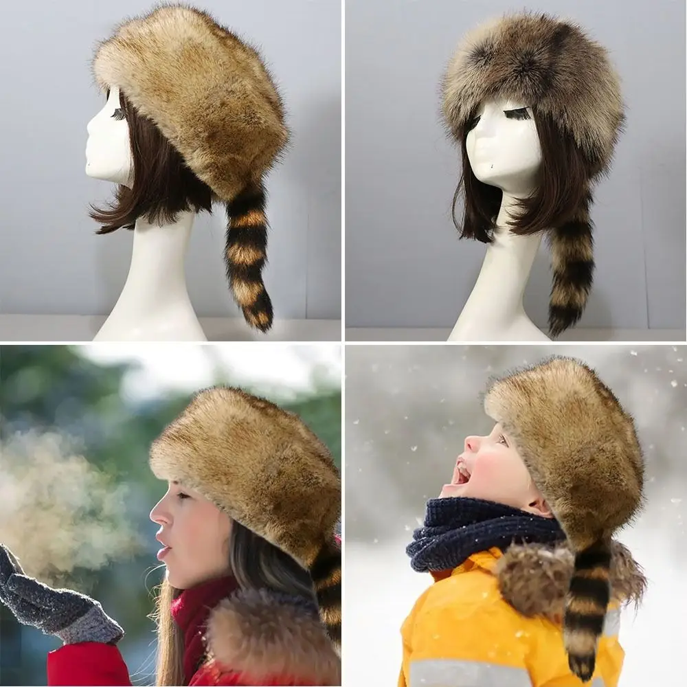 Raccoon Tail Faux Fur Hat Comfortable Windproof Winter Warm Ear Protection Hat Thickened Beanies Hat