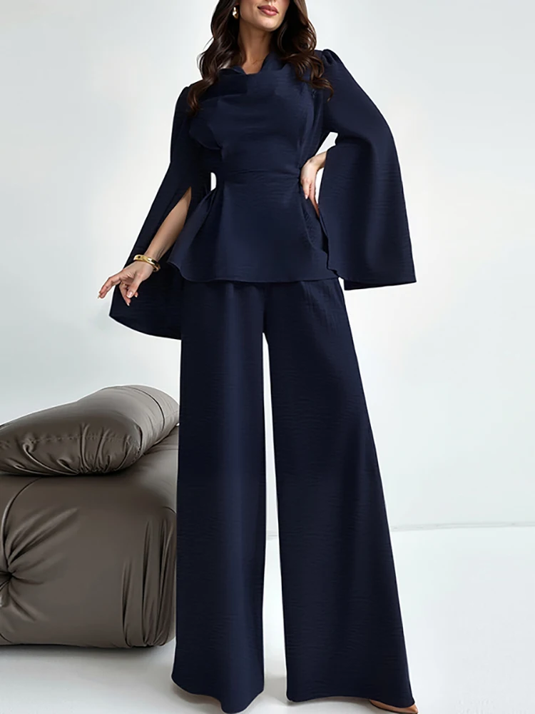エレガントな通勤用ハイウエストスーツ、セクシーなVネックトップスとロングパンツのセットアップ、レディースファッション、ドレープ加工の無地2ピースセット、上品なセット