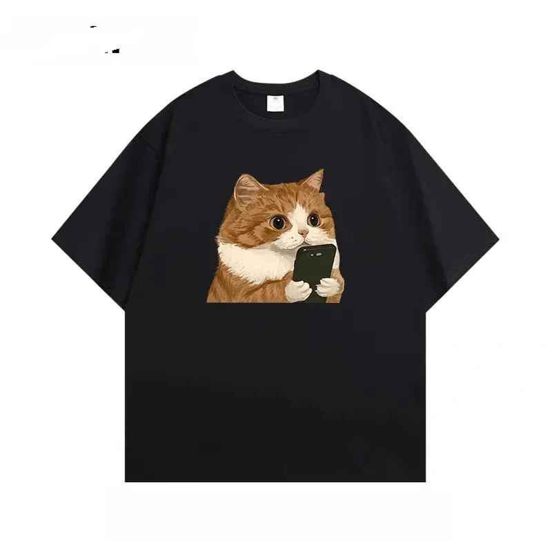 

Cute Cats Playing The Phones Print Women T-shirt Short Sleeve Crew Neck Casual Top for Summer Women's Harajuku Casual Clothing