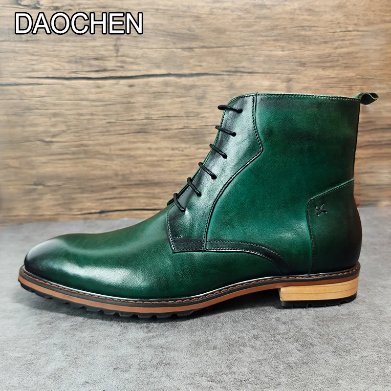 2024 SPRING MEN BOOTS SHOES LACE-UP GREEN LUXURY GENUINE LEATHER CASUAL MENS DRESS BOOTS WORK OFFICE BUSINESS BOOTS MEN