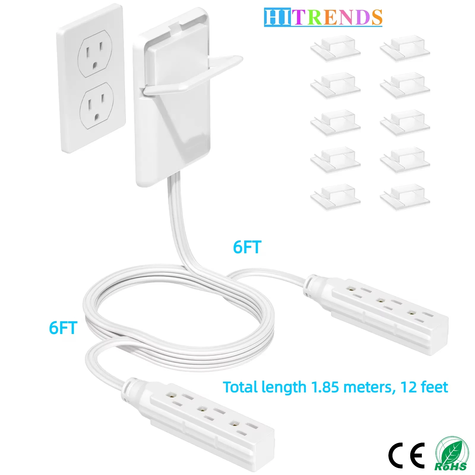 Us Gauge Ultra Thin Folding Cover Pull Ring Plug with 6 AC Outlets 6 Feet Flat Extension Cable White Black for Home Appliances