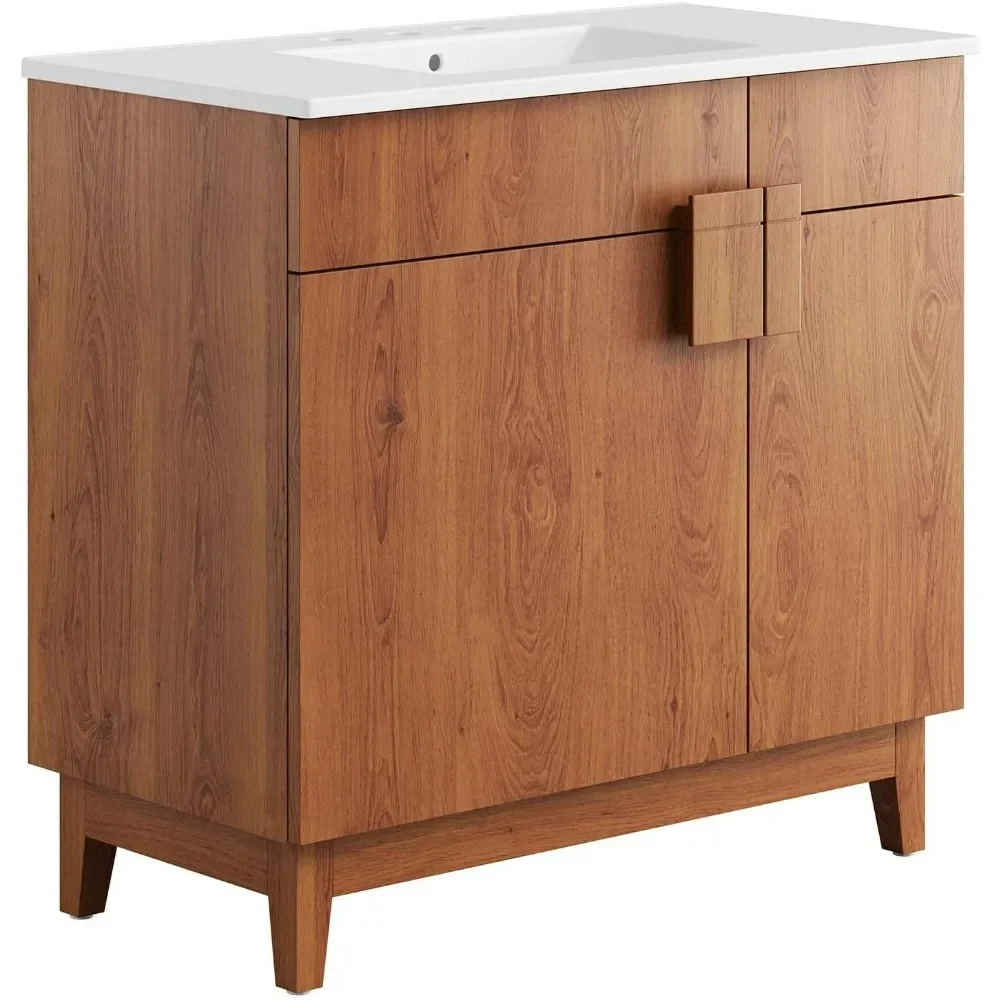 

White Walnut The Miles Bathroom Vanity includes a curved ceramic basin sink with an integrated countertop