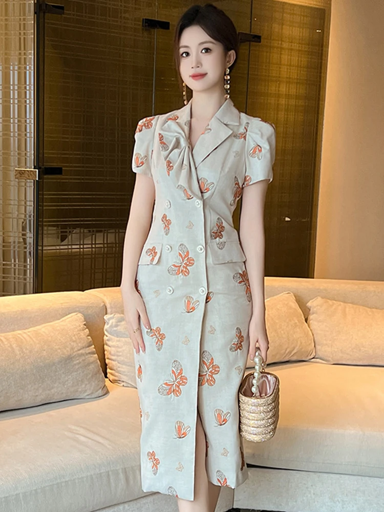 ファッションエレガントなフォーマルドレスの女性のシックな甘いダブルブレストスプリットローブビジネスワーク Vestido プロフェッショナル OL パーティー服