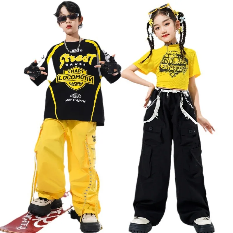 Ragazze Hip Hop Giallo Crop Top Pantaloni cargo Set di vestiti Ragazzi Street Dance T-shirt a contrasto Bambini Costumi jazz Bambini Streetwear