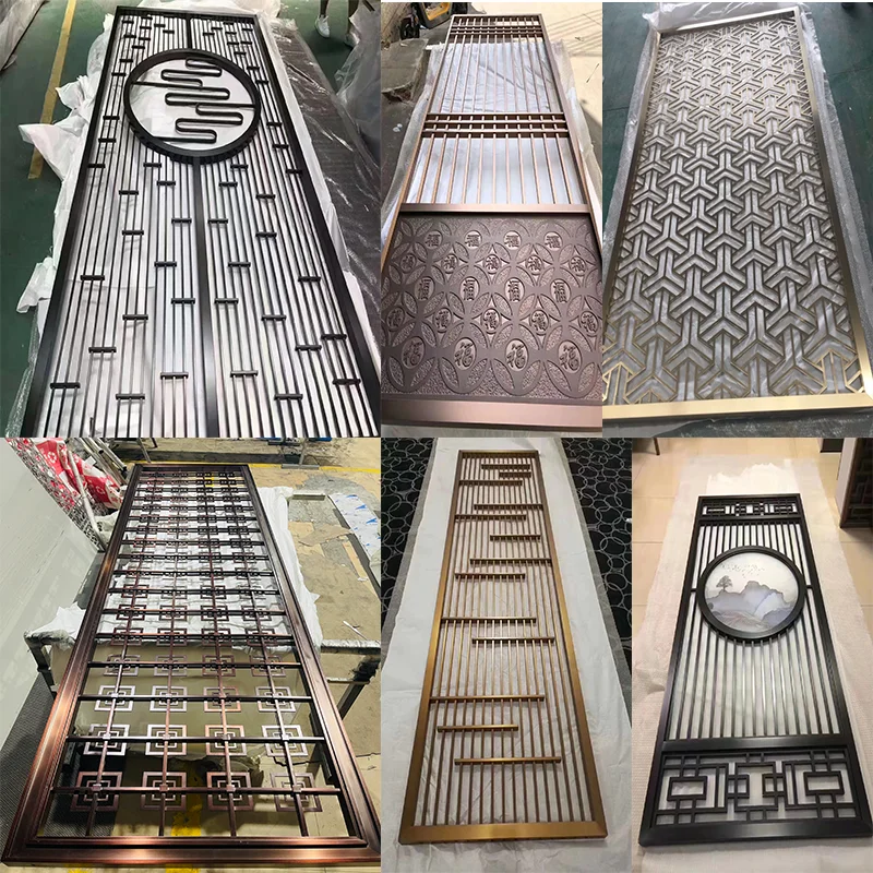 Customized stainless steel screen partition light luxury rose gold carved metal laser hollowed out lattice new Chinese relief