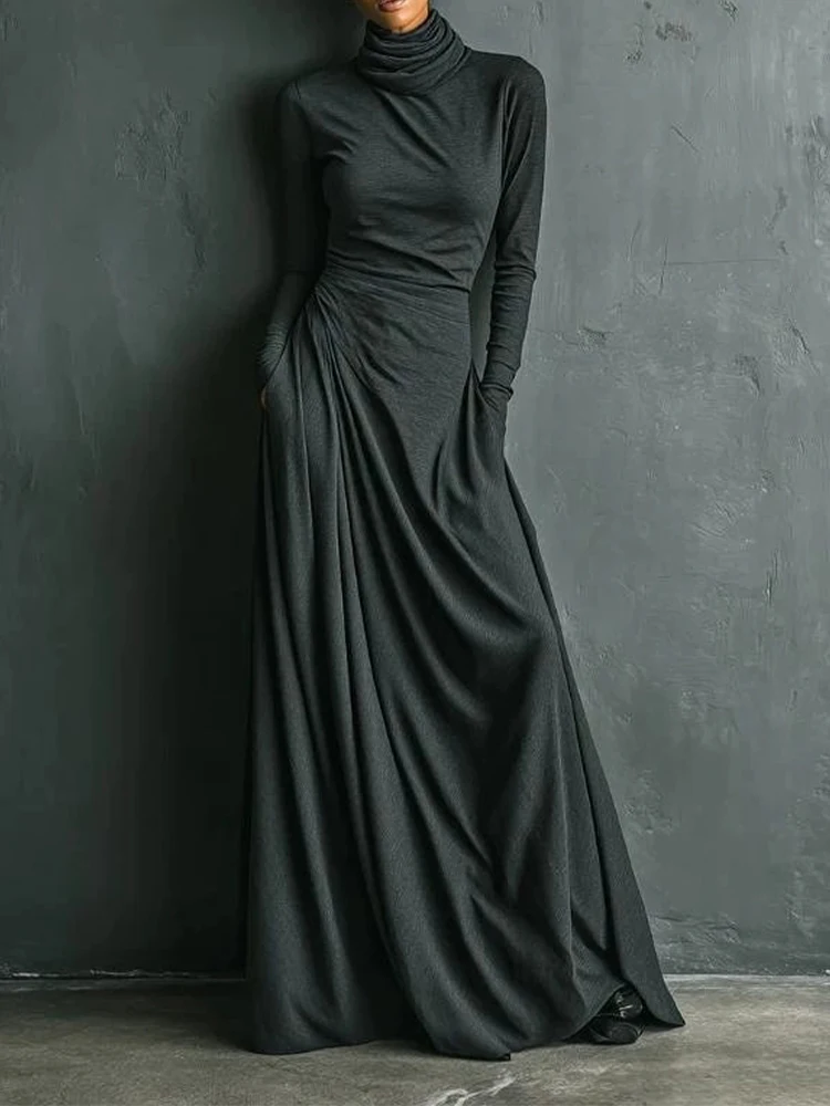 Robe longue élégante pour femme à col roulé et manches longues, cintrée à la taille, coupe ajustée moulante, pour soirée, cérémonie ou invitée de mariage