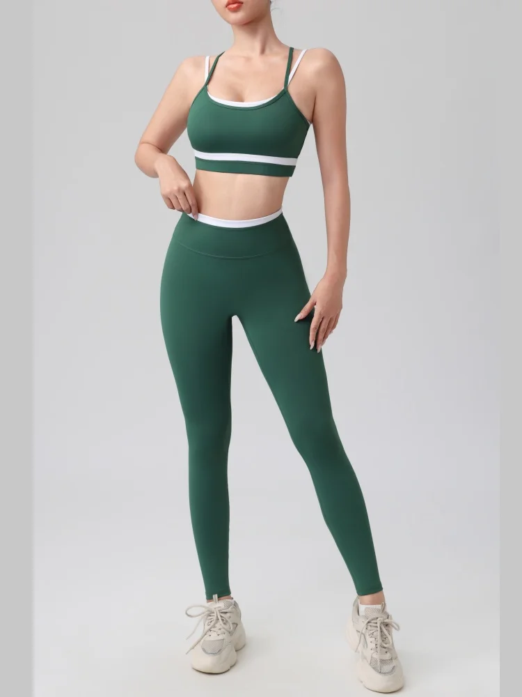 2 Piece Yoga Set Women Color Block Sports Bra High Support Push Up High Waisted Tummy Control Leggings Booty Lifting Gym Outfit
