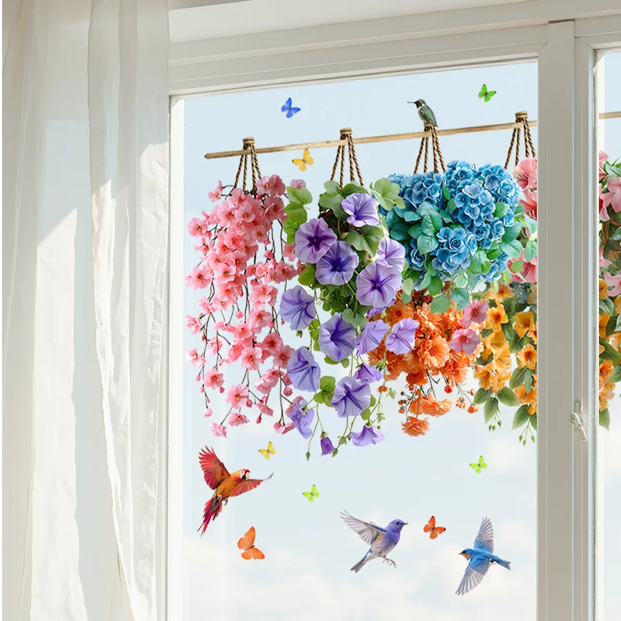 Hanging Basket Flower Bird Butterfly Window Stickers Static Cling Colorful Floral Window Decals for Home Spring Decor