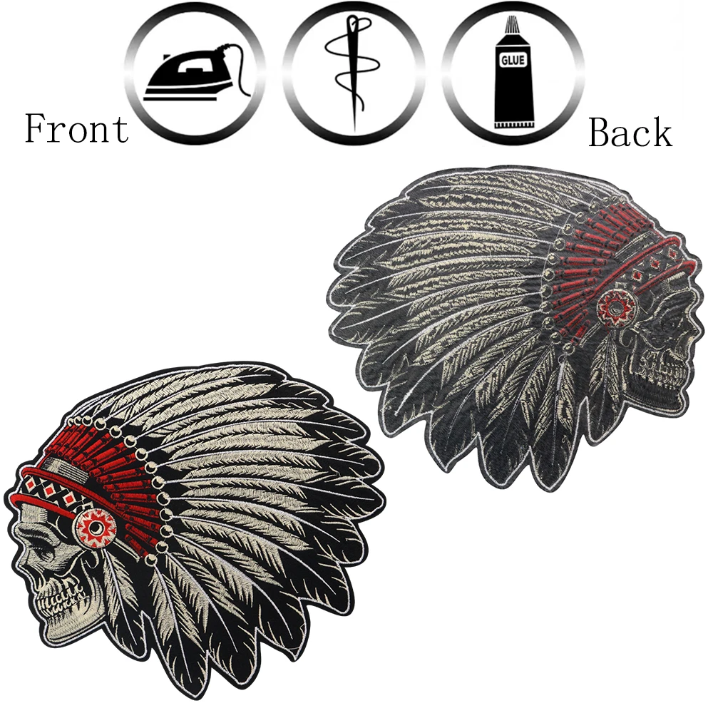 Feathered Indian Head Death Skull Embroidered Iron on Patch Embroidery Native Ethnic Retro Skeleton Applique Badge Accessories