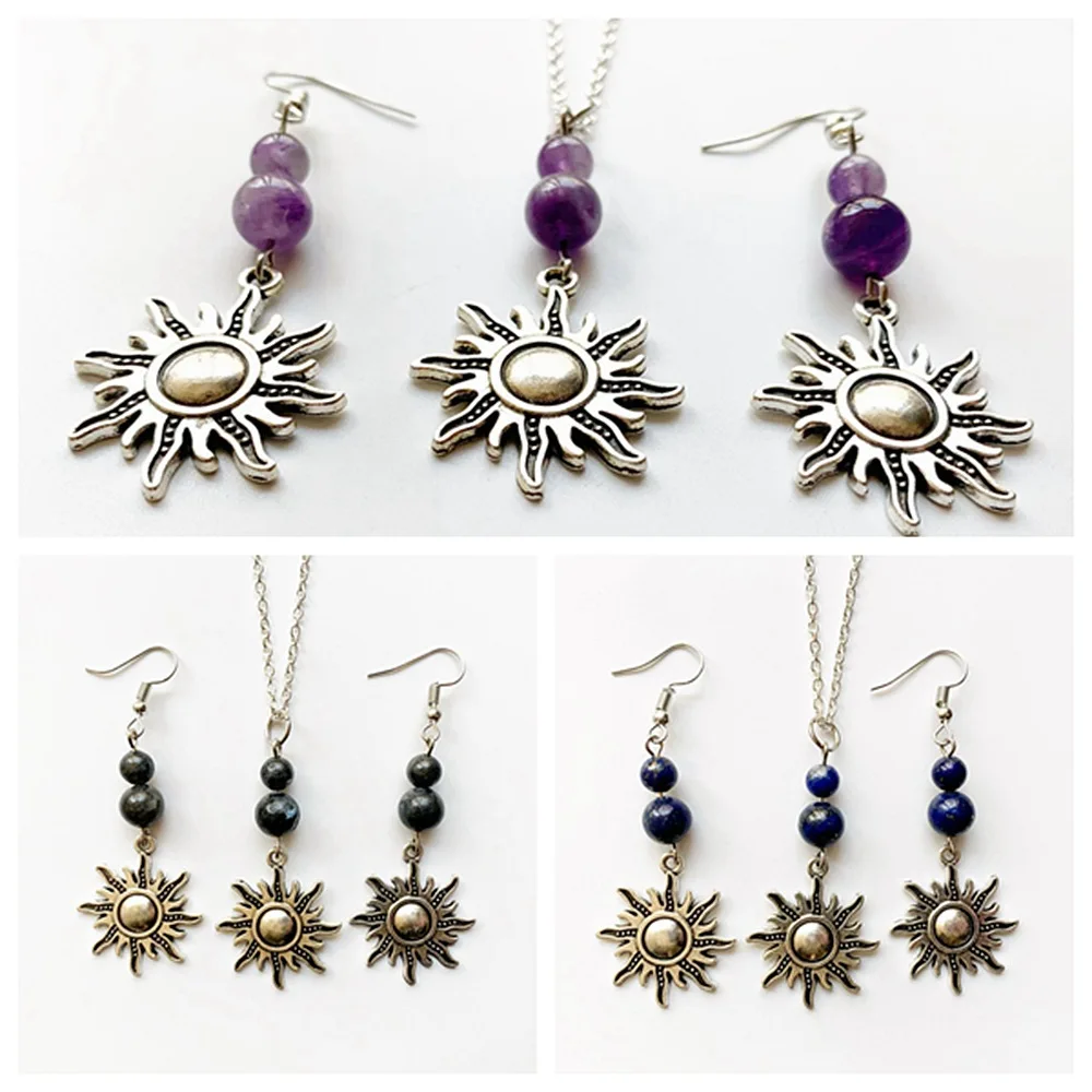 Natural stone amethyst earring jewelry set, including large and small beads, sun pendant earrings