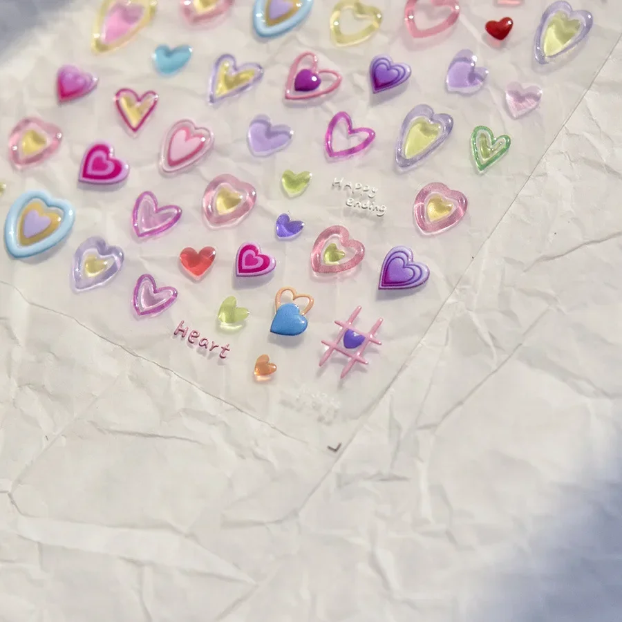 Różowo-białe naklejki na paznokcie 5D z koronką, kokardką, serduszkiem, truskawką i kryształkami, ozdobne, samoprzylepne, do manicure.