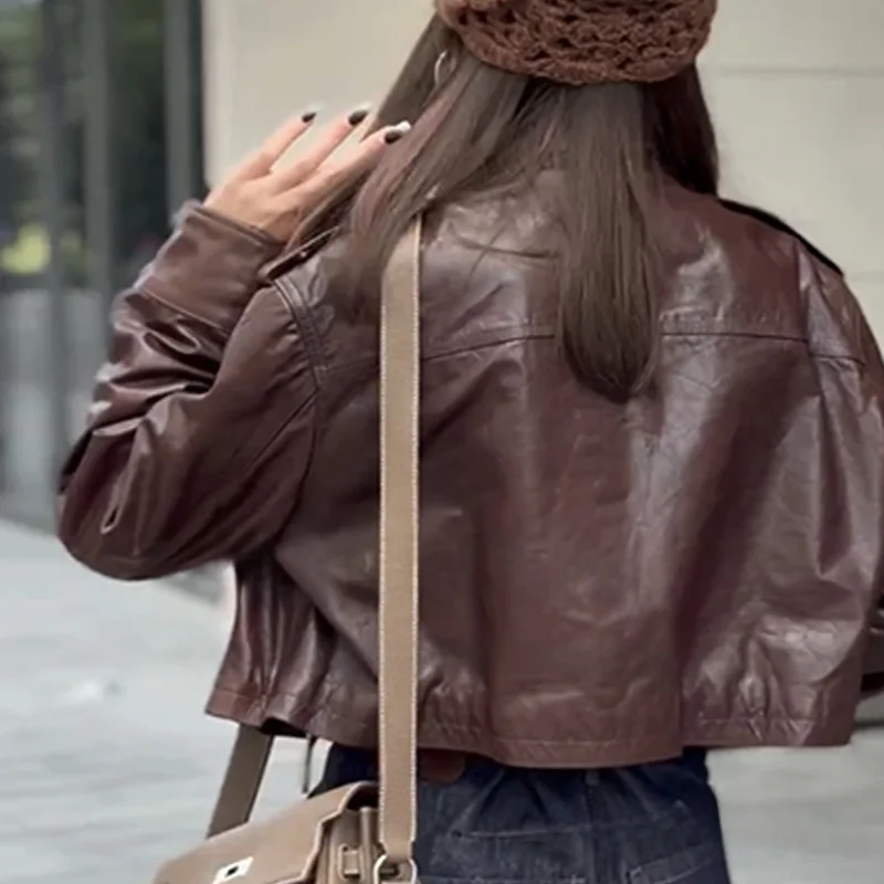 Veste en cuir véritable vintage pour femme, style motard américain, avec sangle bleue, modèle court