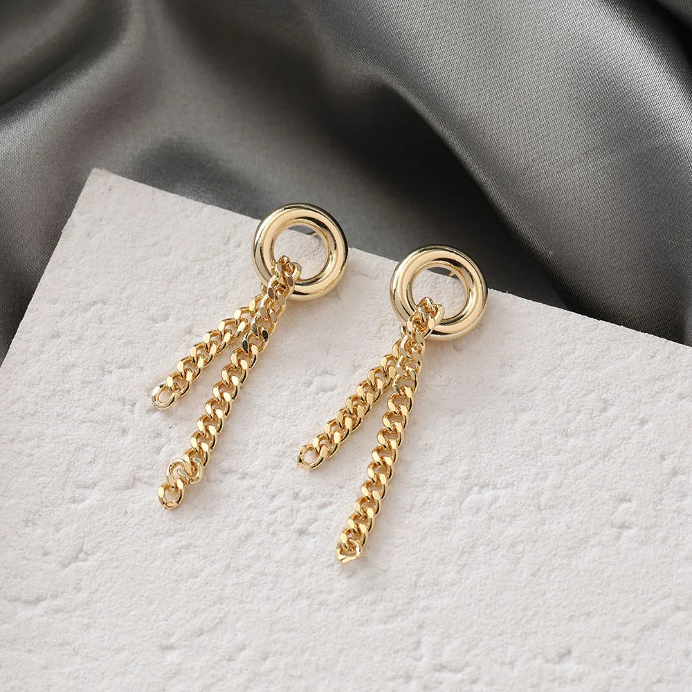 4PCS 14K Gold Plated Loop With Chain Stud Earrings Brass DIY Accessories Jewelry Handmade Making Supplies