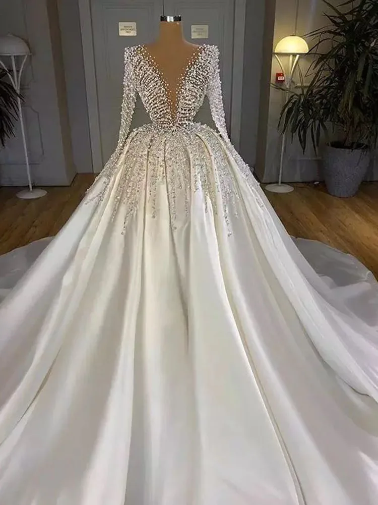 Luxury Pearls Satin Wedding Dresses for  Bride 2023 Mermaid Beads Long Sleeves V Neck Puffy Skirt Saudi Arabia Bridal Gowns