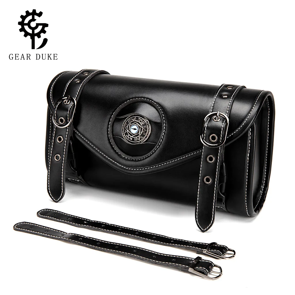 Gothic Occult All-Seeing Eye Motorcycle Barrel Bag, Punk Rivet Leather Handlebar Fork Bag with Detachable Strap FBG379BK