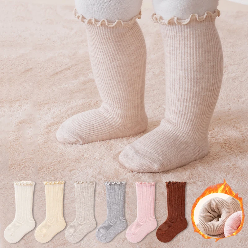 Ruffle Knee High Baby Girls Socks Winter Thick Thermal Ribbed Long Girls Socks Soft Warm Solid Color Infan Socks For Toddler