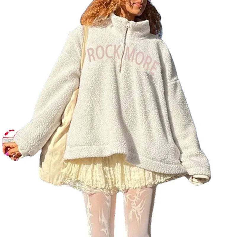 Sudaderas con capucha bordadas con letras blancas para mujer, jersey de manga larga, cuello alto de lana, Tops con cremallera, ropa de calle femenina, Invierno