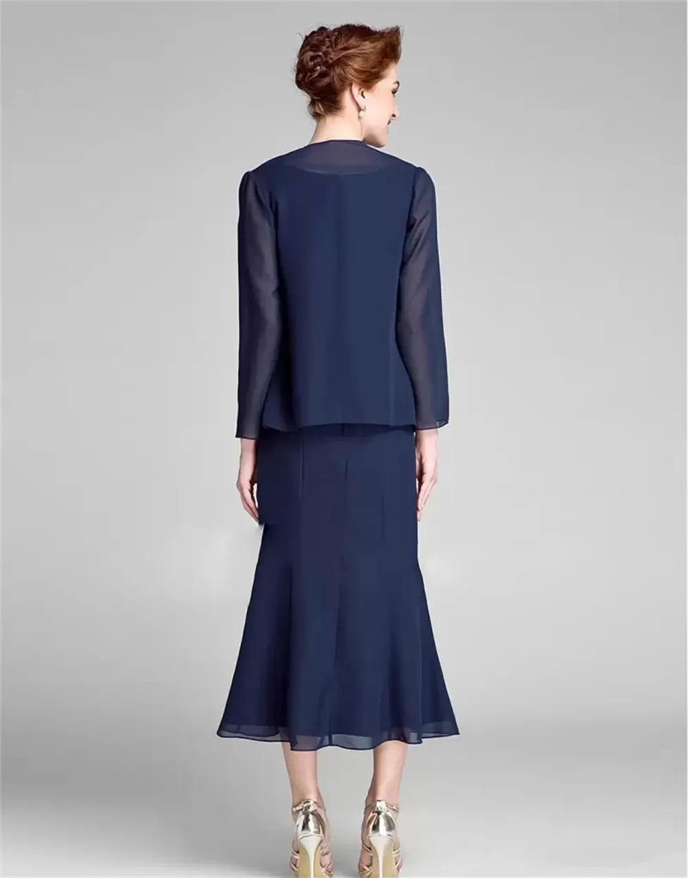 Mutter Der Braut Kleider Mit Jacke Navy Blau Perlen Chiffon Lange Hülse Prom Abendkleider roben de soirée فساتين السهرة