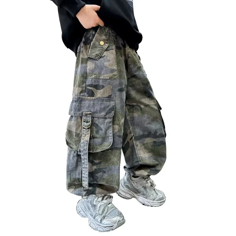 

Korean Kids Camo Cargo Pants for Boys 2025 New Spring Camouflage Print Cotton Casual Cargo Pants Children's Sport Trousers 5-14Y