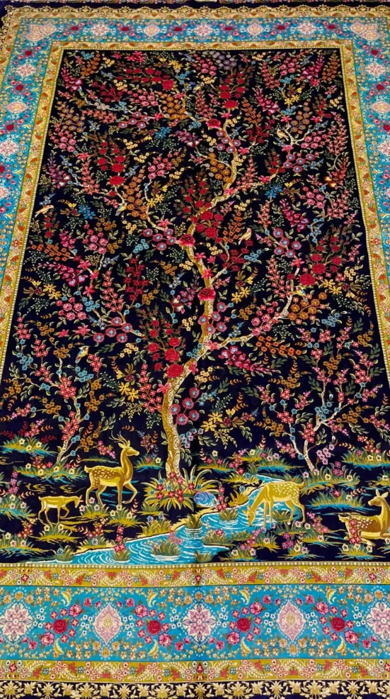 Turkish Silk Rug, Tree of Life Rug, Black Floral Carpet Home Decoration Mats