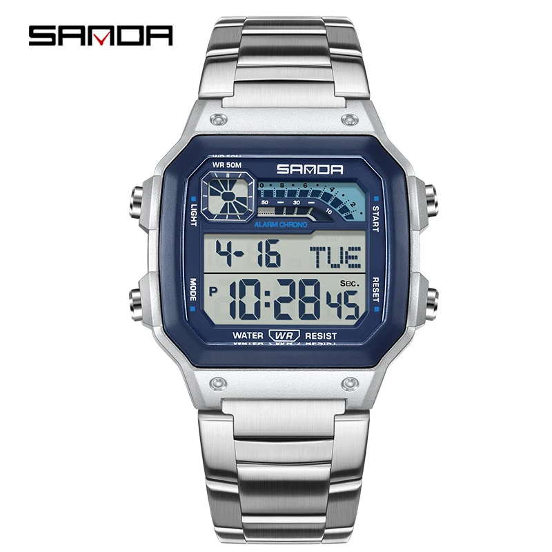 SANDA 6196 Herren Elektronische Armbanduhr Multifunktionales Leuchtzifferblatt Kalender Wasserdichte Sport-Digitaluhr aus Edelstahl