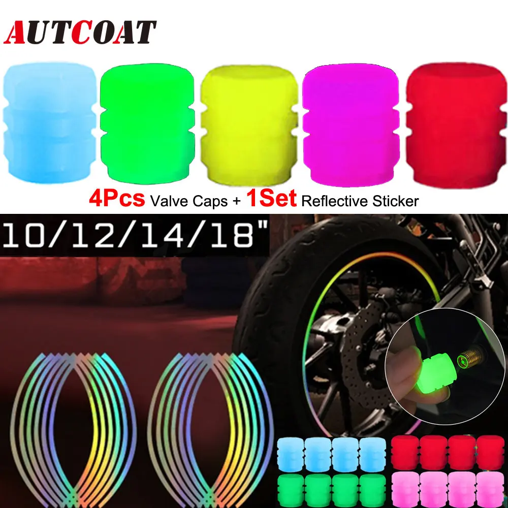 

AUTCOAT Luminous Tire Valve Caps Stem Covers Car Motorcycle + Reflective Stickers Tire Wheel Hub Styling Decor Auto Accessories