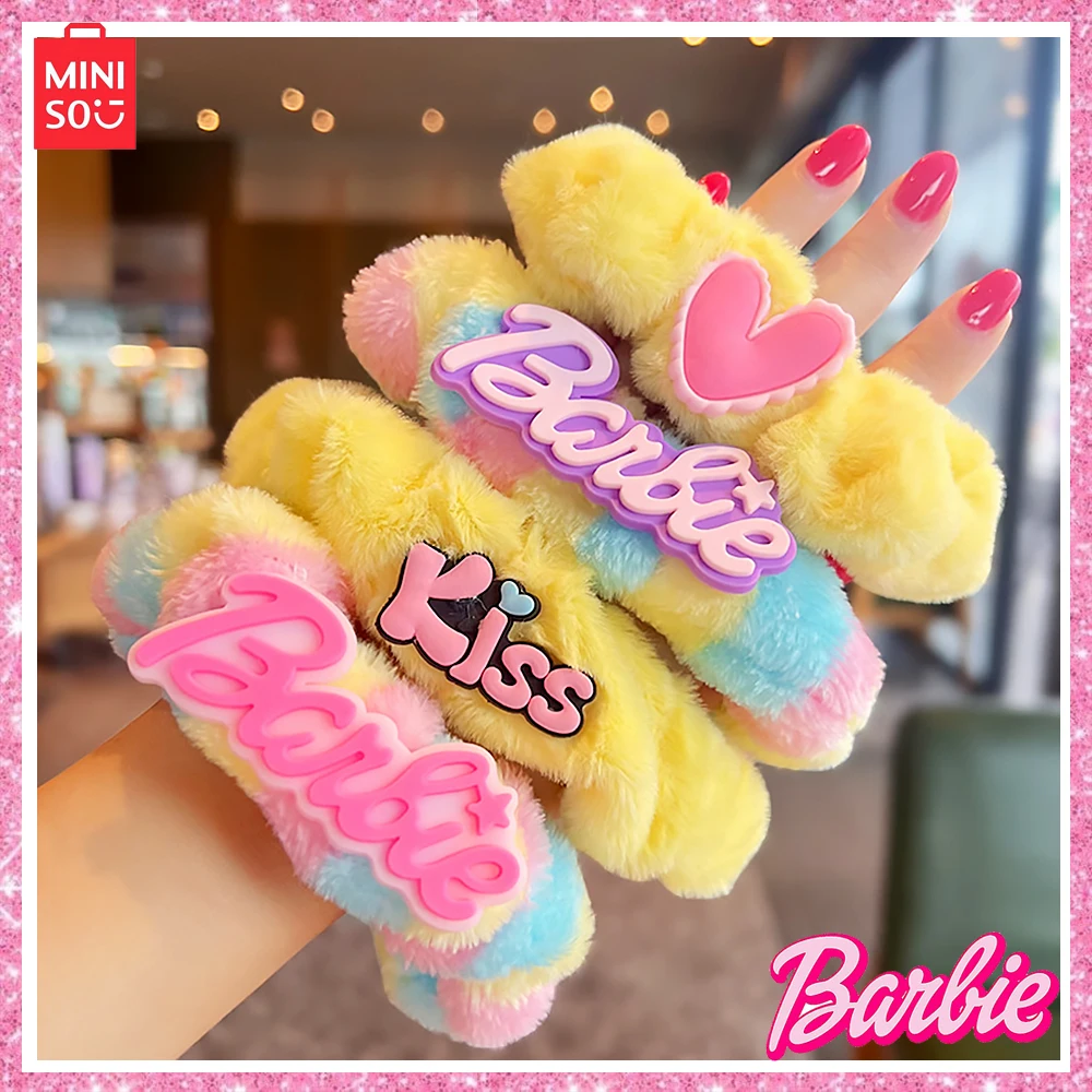 

Miniso 4-Pcs Y2K Barbie Pink American Sweetheart Colorful Plush Cute Dopamine Hair Ring Girl Love Hair Accessories Halloween