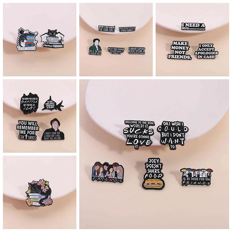 Dark Series Animal Characters Enamel Pins Fun Black Text Quotes Classic Decoration Brooches Lapel Pins Badges Fashion Jewelry