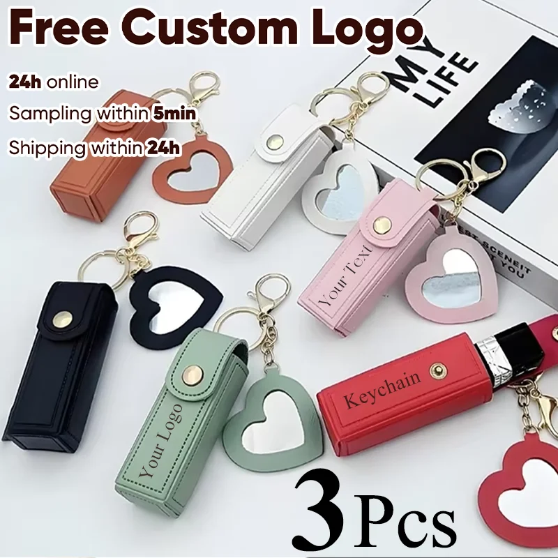 

3PCS Free Customized Pu Leather Lipstick Bag Makeup Pouch Lip Balm Bag Keychains Holder Lipsticks Protective Cover With Mirror