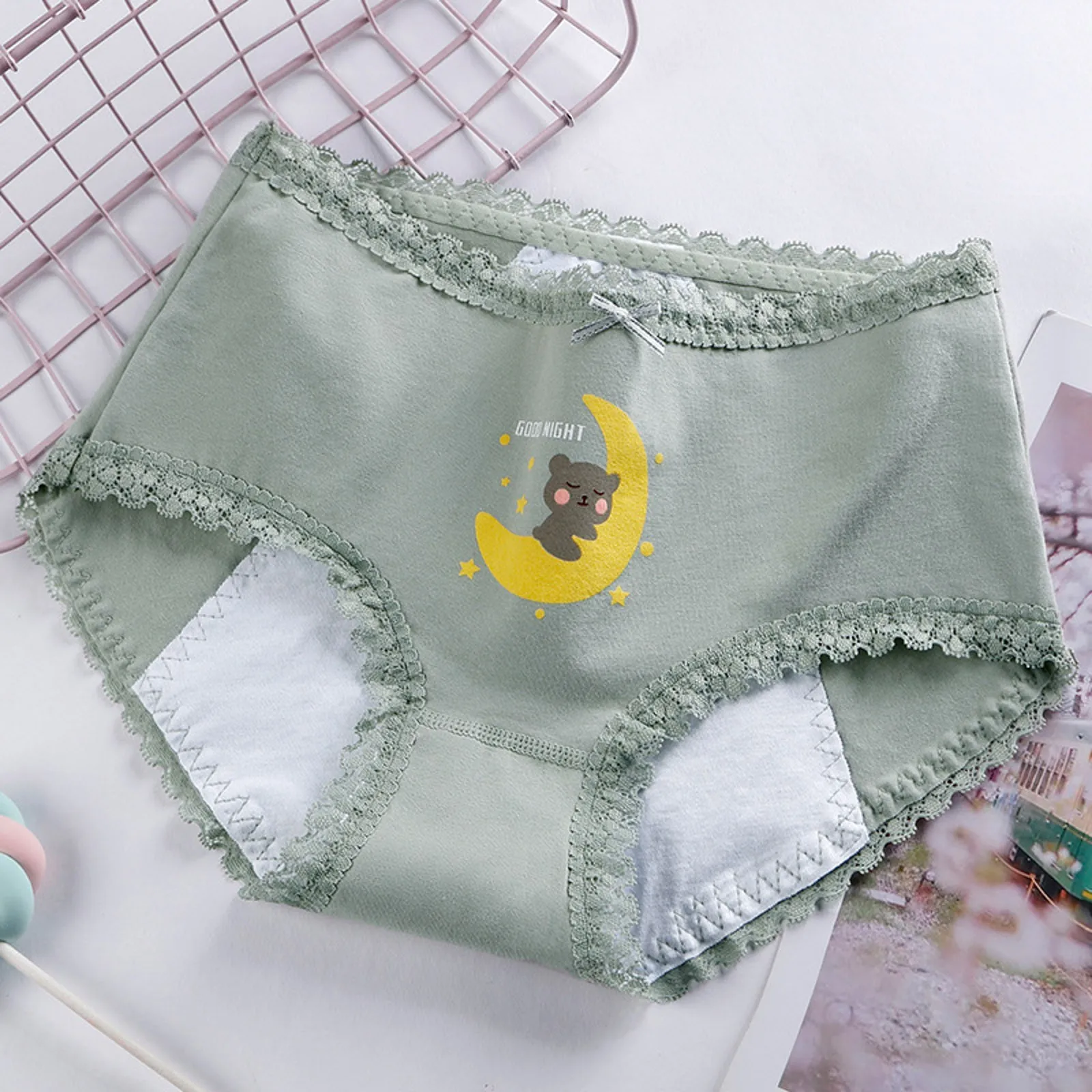 Menstrual Period Leak Proof Heavy Flow Underwears Women Cute Printed Bow Lingeries Low Waisted Lace Patchwork Underpants